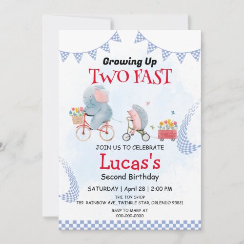 Two Fast wild jungle bicycle 2nd Birthday Party  Invitation