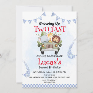 Two Fast wild jungle race car 2nd Birthday Party Invitation