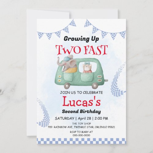 Two Fast wild jungle Race Car 2nd Birthday Party  Invitation