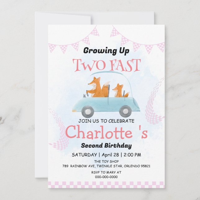 Two Fast wild jungle Race Car 2nd Birthday Party  Invitation (Front)