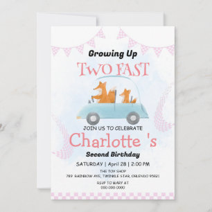 Two Fast wild jungle Race Car 2nd Birthday Party  Invitation