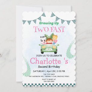 Two Fast wild jungle Race Car 2nd Birthday Party Invitation