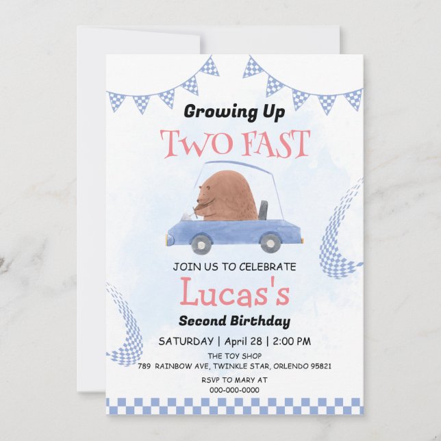 Two Fast wild jungle Race Car 2nd Birthday Party  Invitation (Front)