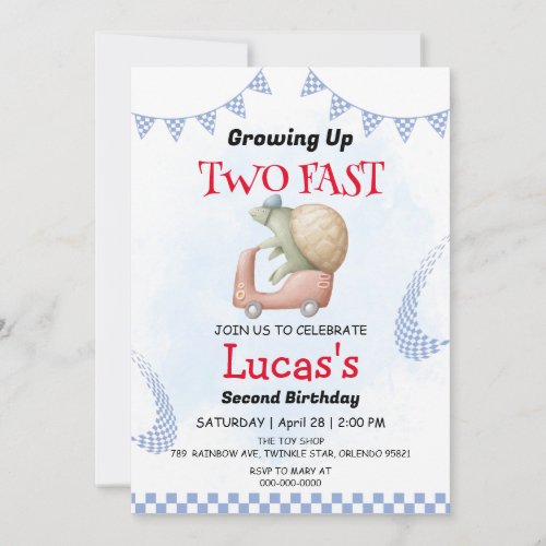 Two Fast wild jungle Race Car 2nd Birthday Party  Invitation