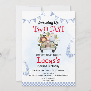 Two Fast wild jungle Race Car 2nd Birthday Party  Invitation