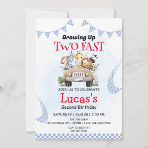 Two Fast wild jungle Race Car 2nd Birthday Party Invitation