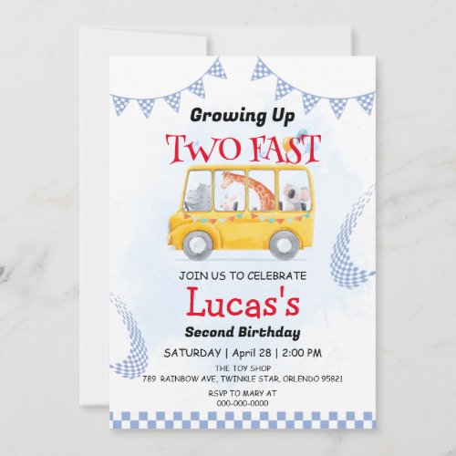 Two Fast wild jungle Race Car 2nd Birthday Party  Invitation