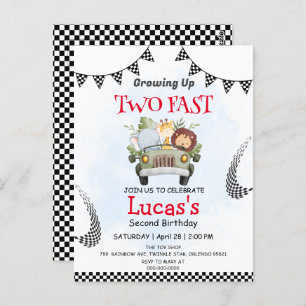 Two Fast wild safari race car 2nd Birthday Party Postcard