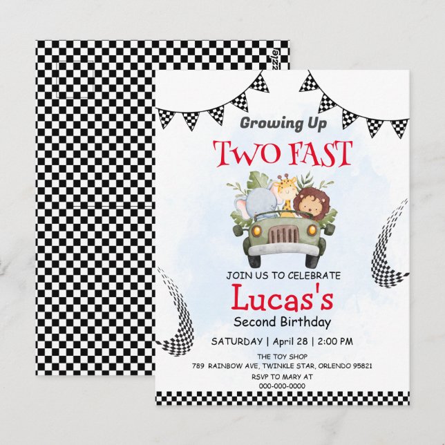 Two Fast wild safari race car 2nd Birthday Party Postcard (Front/Back)
