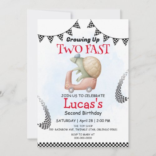 Two Fast wild turtle bicycle 2nd Birthday Party  Invitation