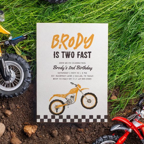 Two Fast Yellow Dirt Bike Boy 2nd Birthday Invitation