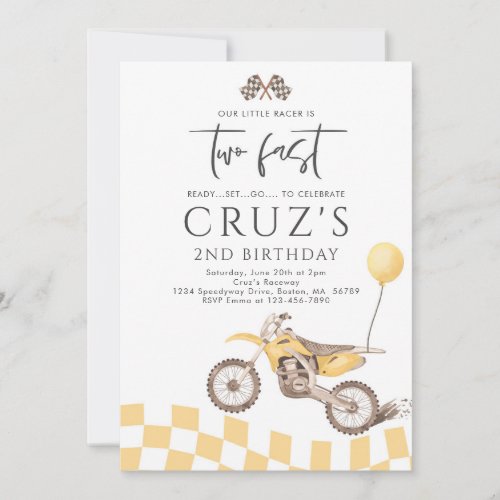 Two Fast Yellow Dirt Bike Boy 2nd Birthday Party  Invitation