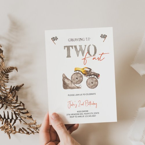 TWO Fast Yellow Monster Truck Invitation 