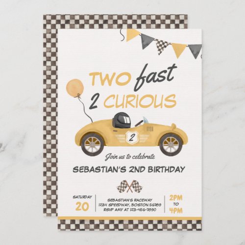 Two Fast Yellow Race Car 2nd Birthday Party Invitation