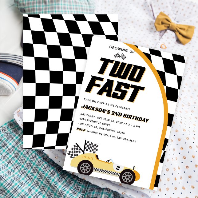 Two Fast Yellow Race Car Birthday Party Invitation (Creator Uploaded)