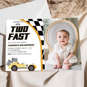 Two Fast Yellow Race Car Birthday Party Photo  Invitation
