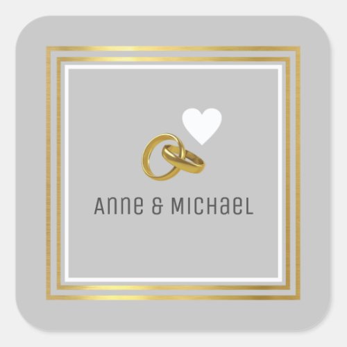 two faux gold rings with a heart  names  wedding square sticker