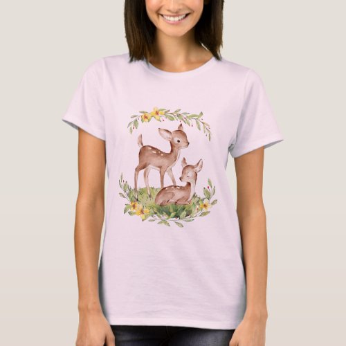 Two Fawn Deer in Flowers at Spring Time T_Shirt