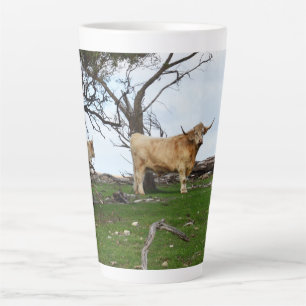 Two Fawn Highland Cows in Peaceful Country Lands, Latte Mug
