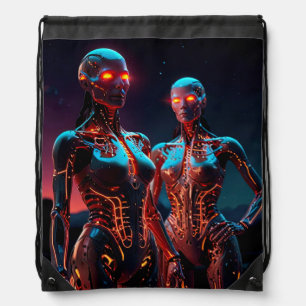 Two Female Cyborgs with Glowing EyES Drawstring Bag
