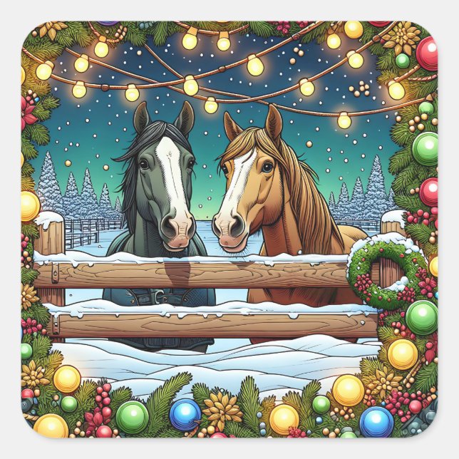 Two Festive Cartoon Horses in Comic Book Style Square Sticker (Front)