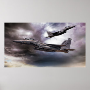 Two fighter jets passing in storm clouds poster