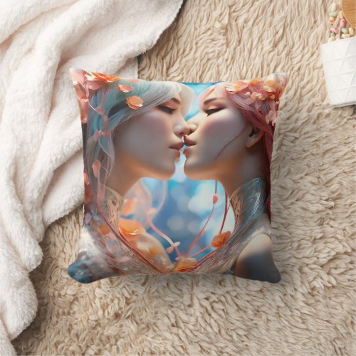 Two Figures Kissing Surrounded by Blossoms Throw Pillow