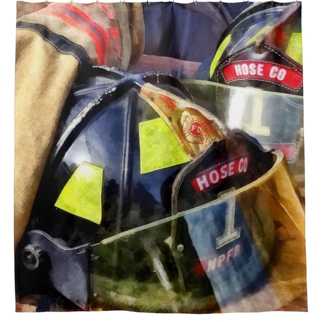 Two Fire Helmets And Fireman's Jacket Shower Curtain (Front)