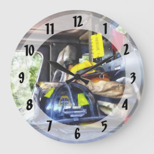 Two Firefighter's Helmets Inside Fire Truck Large Clock