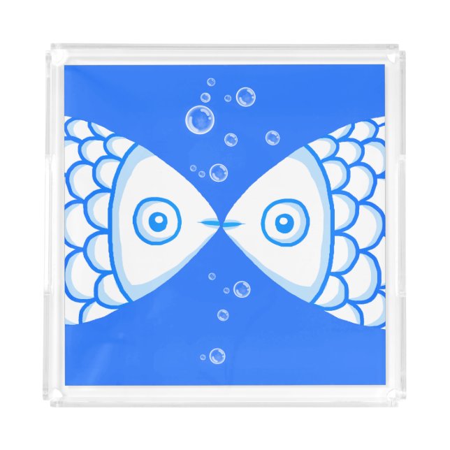Two Fish Pisces Blue White Abstract Pattern Acrylic Tray (Front)