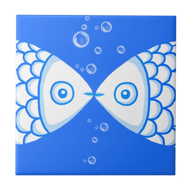 Two Fish Pisces Blue White Abstract Pattern Ceramic Tile (Front)