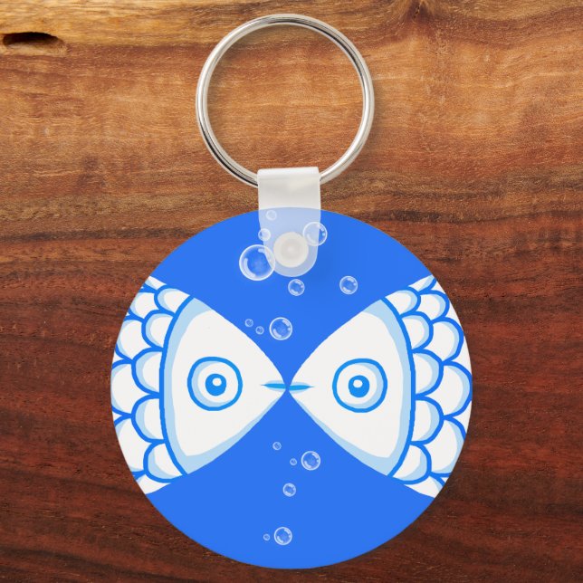 Two Fish Pisces Blue White Abstract Pattern Keychain (Front)