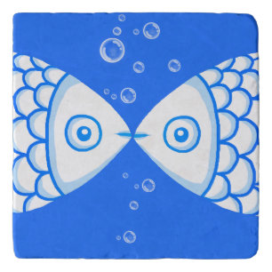 Two Fish Pisces Blue White Abstract Pattern Trivet