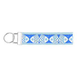 Two Fish Pisces Blue White Abstract Pattern Wrist Keychain