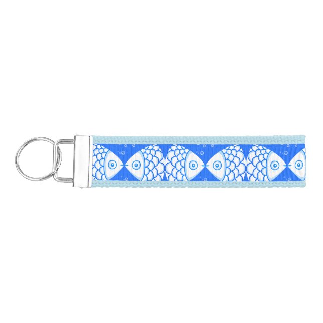Two Fish Pisces Blue White Abstract Pattern Wrist Keychain (Keys on Left)