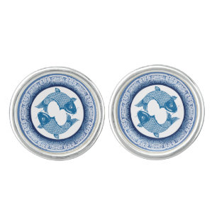 Two Fish Pisces Koi Carp Chinoiserie Blue Pattern Cufflinks