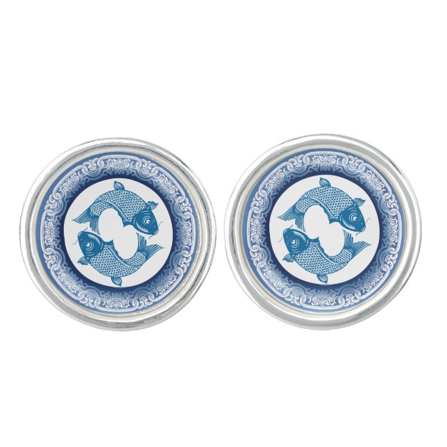 Two Fish Pisces Koi Carp Chinoiserie Blue Pattern Cufflinks (Front)