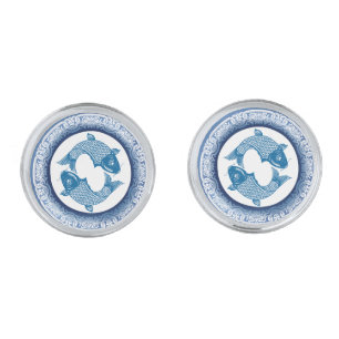 Two Fish Pisces Koi Carp Chinoiserie Blue Pattern Cufflinks