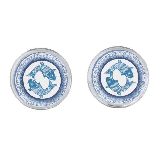 Two Fish Pisces Koi Carp Chinoiserie Blue Pattern Cufflinks (Front)