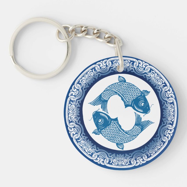 Two Fish Pisces Koi Carp Chinoiserie Blue Pattern Keychain (Front)