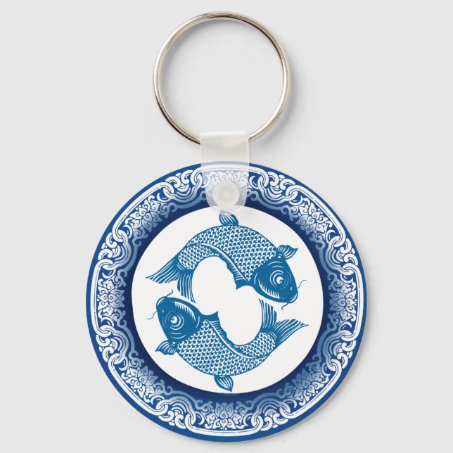 Two Fish Pisces Koi Carp Chinoiserie Blue Pattern Keychain (Front)