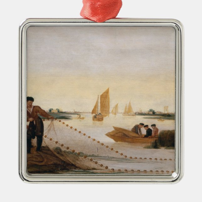 Two Fishermen Pulling in their Nets Metal Ornament (Front)