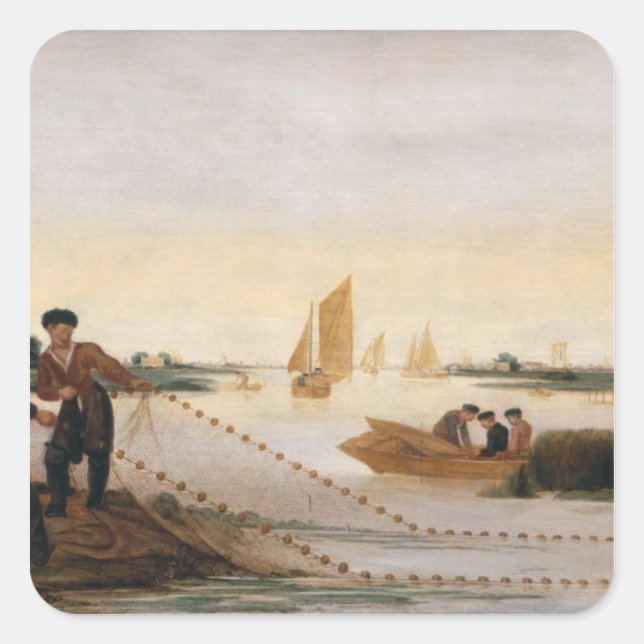 Two Fishermen Pulling in their Nets Square Sticker (Front)