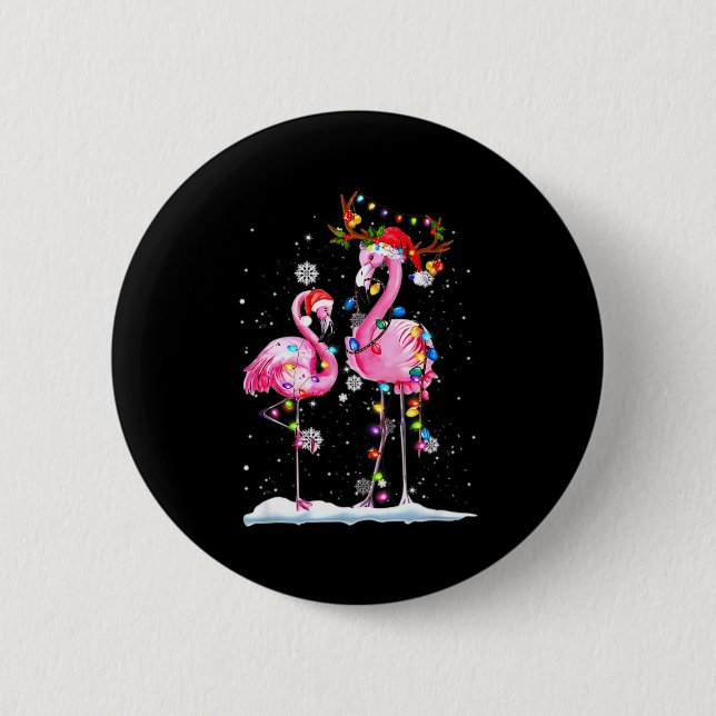 Two Flamingo With Santa Hat And Lights Merry Chris Button (Front)