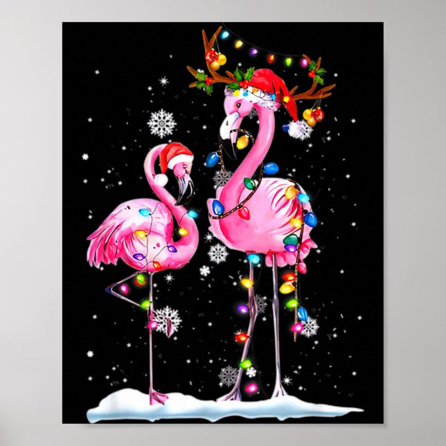 Two Flamingo With Santa Hat And Lights Merry Chris Poster (Front)
