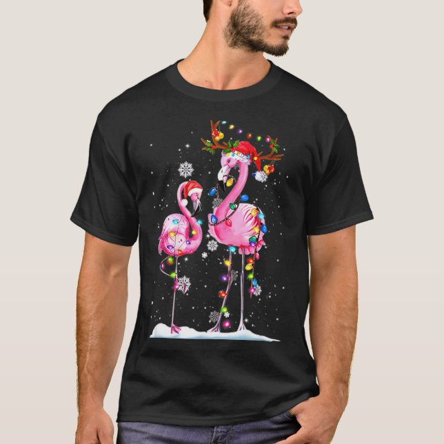 Two Flamingo With Santa Hat And Lights Merry Chris T-Shirt (Front)