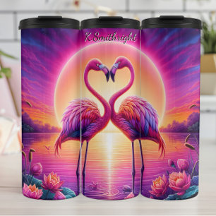 Two Flamingos Heart Sunset Lake Thermal Tumbler