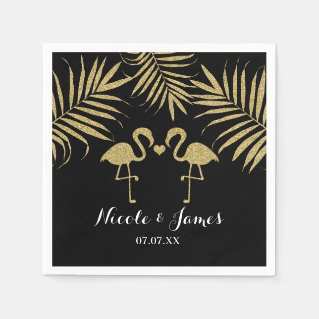 Two Flamingos Love Black & Gold Elegant Napkins (Front)