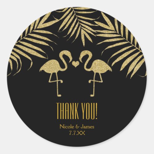 Two Flamingos Love Black  Gold Favor Stickers