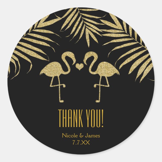 Two Flamingos Love Black & Gold Favor Stickers (Front)